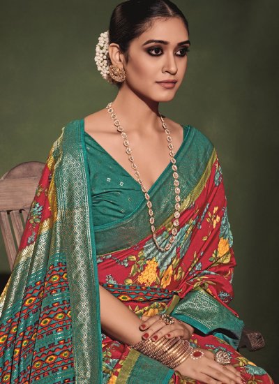 Tussar Silk Green and Maroon Printed Silk Saree