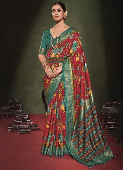 Tussar Silk Green and Maroon Printed Silk Saree