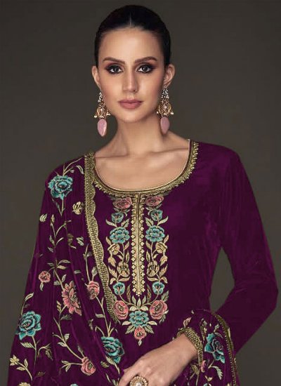 Velvet Purple Embroidered Pant Style Suit