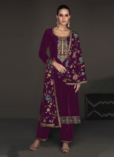 Velvet Purple Embroidered Pant Style Suit
