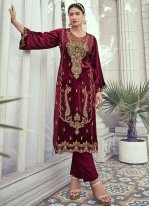 Vibrant Velvet Embroidered Maroon Pant Style Suit