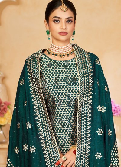 Vichitra Silk Embroidered Green Pant Style Suit
