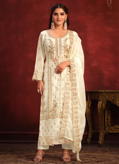Viscose Off White Embroidered Pakistani Salwar Kameez