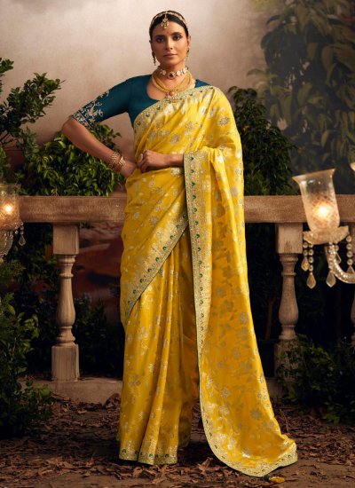 Viscose Yellow Weaving Designer Saree