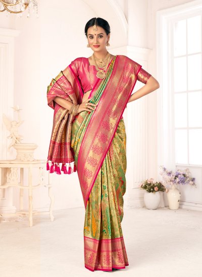 Whimsical Green and Pink Pure Silk Designer Traditional Saree