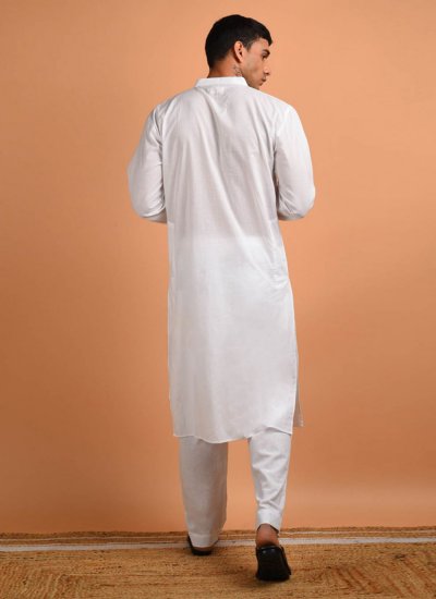 White Blended Cotton Plain Kurta Pyjama
