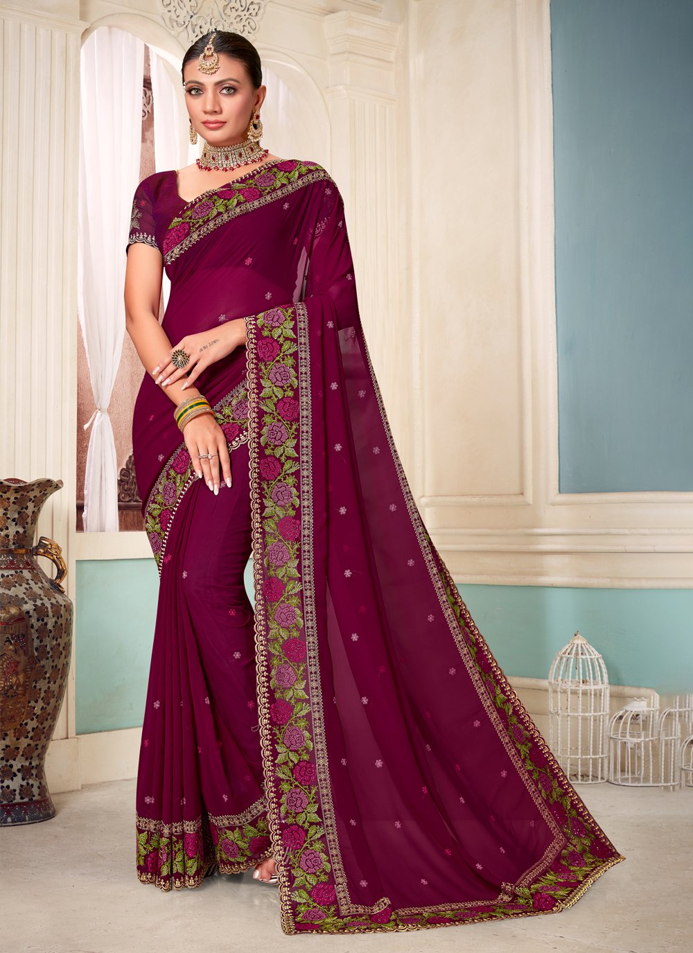 Designer, Festive, Party Wear, Reception Pink and Majenta color Georgette  fabric Saree : 1780543