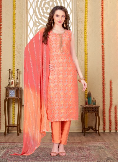 Wonderous Orange Printed Silk Designer Salwar Suit