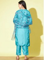 Wonderous Silk Blend Embroidered Aqua Blue Pant Style Suit