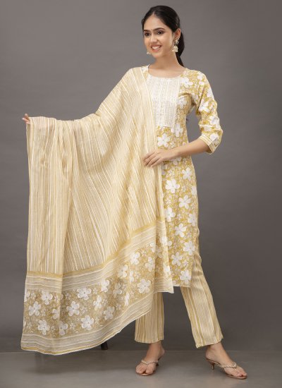 Yellow Cotton Printed Pant Style Suit