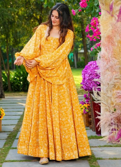 Yellow Digital Print Georgette Readymade Gown