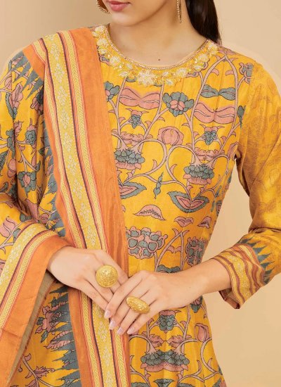 Yellow Silk Digital Print Designer Gown