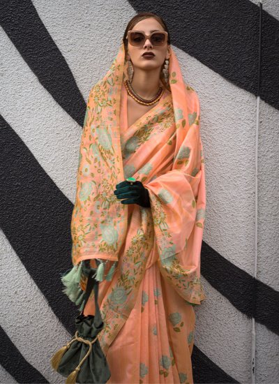 Adorable Weaving Peach Silk Classic Saree