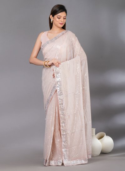 Aesthetic Peach Georgette Contemporary Style Saree