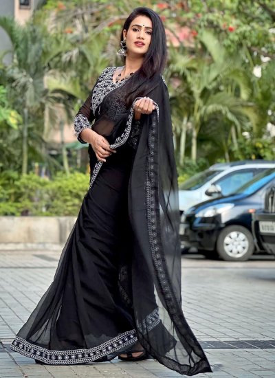Amazing Georgette Embroidered Black Contemporary Saree