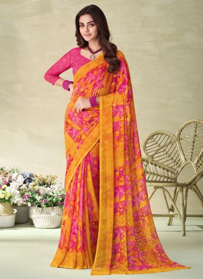 Astonishing Pink and Yellow Festival Casual Saree