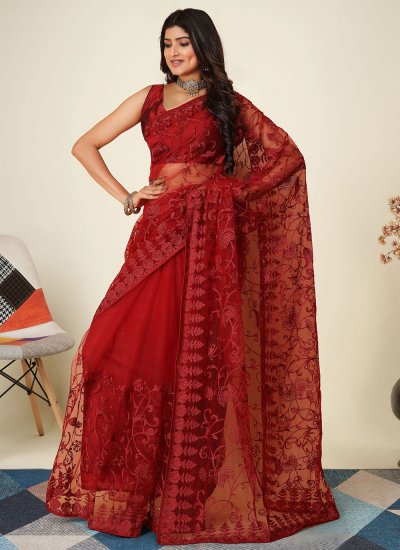 Auspicious Red Embroidered Contemporary Saree