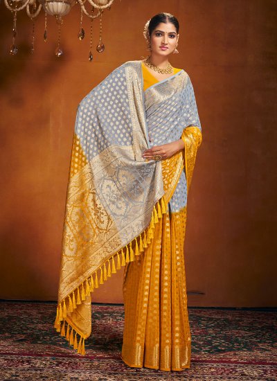 Awesome Pure Georgette Grey and Mustard Weaving Saree