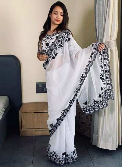 Beauteous Embroidered White Classic Saree