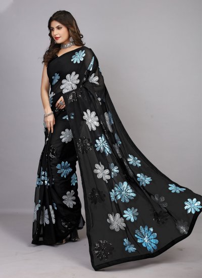 Beautiful Black Embroidered Georgette Trendy Saree