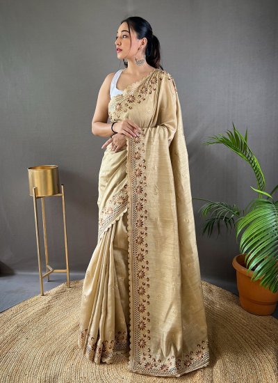 Beige Embroidered Traditional Saree