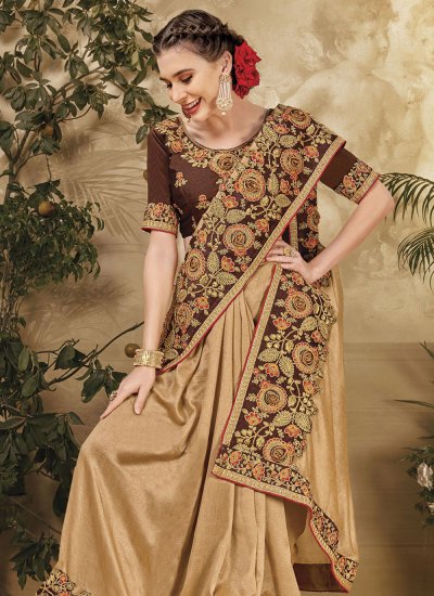 Beige Embroidered Vichitra Silk Classic Saree