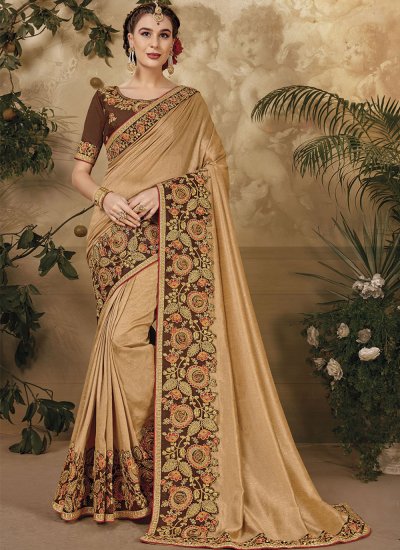 Beige Embroidered Vichitra Silk Classic Saree