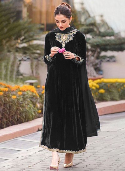 Black Embroidered Velvet Pant Style Suit
