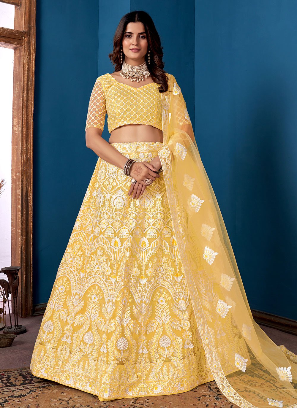 Buy Sunset Yellow Lehenga Choli With Floral And Leaf Cut Mirror Work KALKI  Fashion India