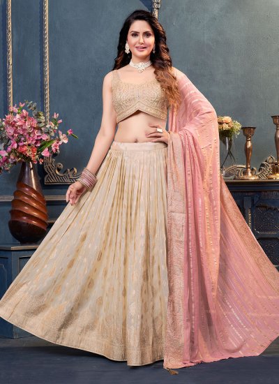 Beige and Brown color Organza Lehenga Choli with Cutwork