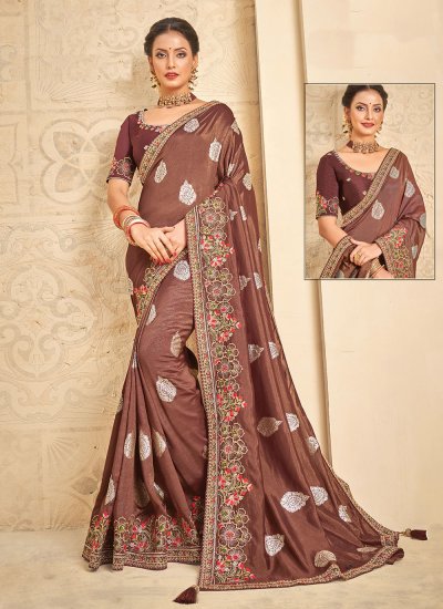 Brown Embroidered Trendy Saree