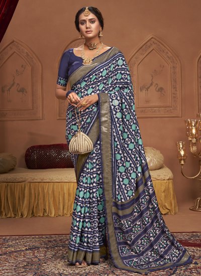 Casual Saree Printed Tussar Silk in Blue