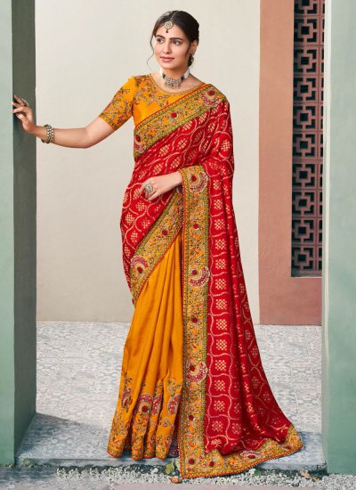 Catchy Mustard and Red Embroidered Silk Trendy Saree