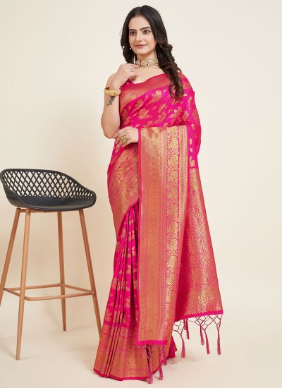 Catchy Pink Weaving Silk Contemporary Style Saree