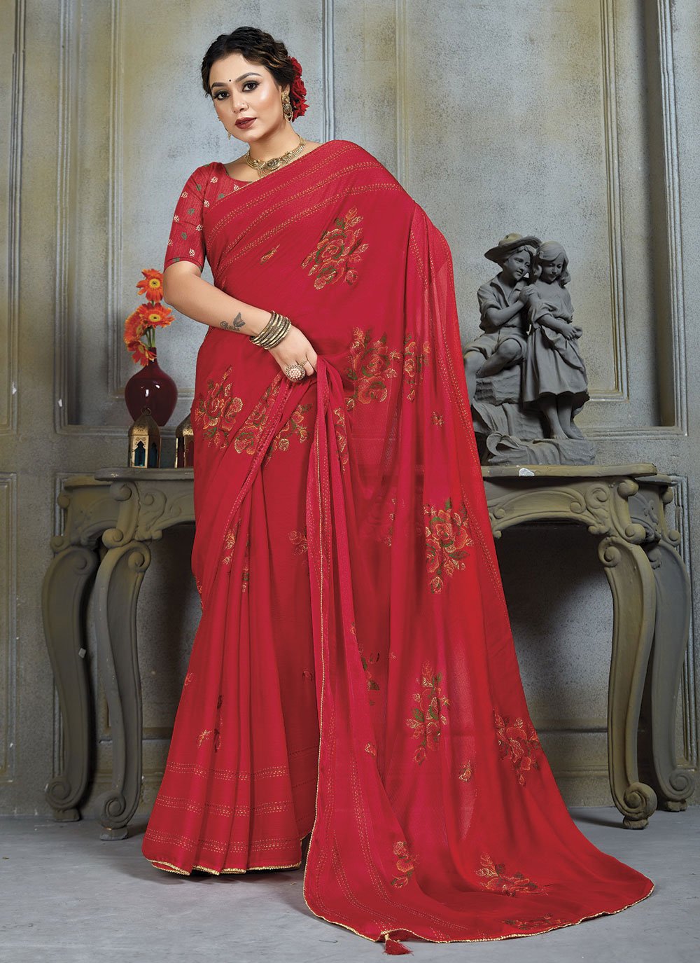 Festive, Reception Pink and Majenta color Chiffon fabric Saree : 1922201