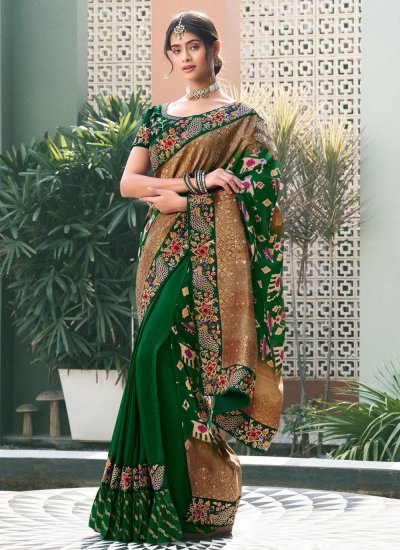 Shop Party Wear Handloom Banarasi Dola Silk Green Saree Online