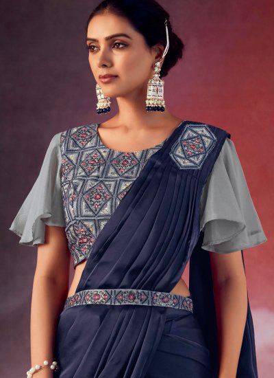 Classic Saree Embroidered Silk in Navy Blue
