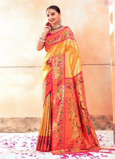 Competent Weaving Yellow Silk Traditional Saree