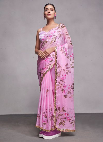 Contemporary Saree Printed Organza in Pink