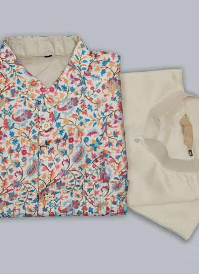Cotton Silk Digital Print Kurta Payjama With Jacket in Multi Colour and Off White