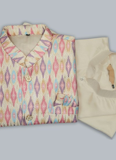 Cotton Silk Kurta Payjama With Jacket in Multi Colour and Off White