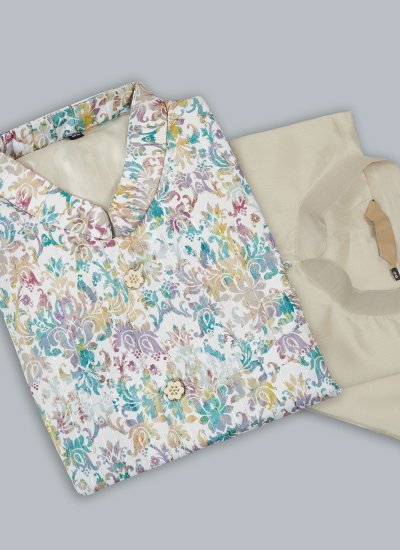 Cotton Silk Thread Work Multi Colour and Off White Kurta Payjama With Jacket