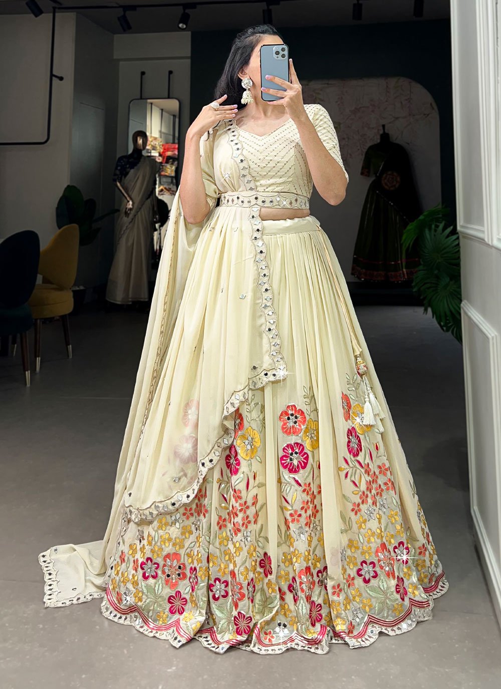 Buy Cream Color Ajmeri Silk Designer Digital Printed Lehenga Choli Online -  LEHV2299 | Appelle Fashion