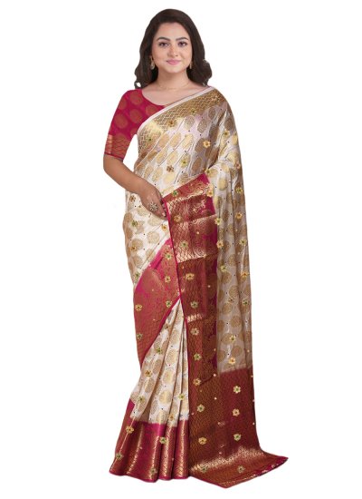 Cream Kanjivaram Silk Embroidered Classic Saree
