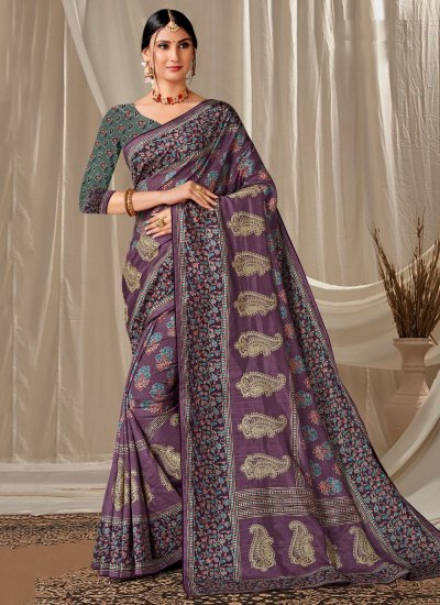 Cute Purple Embroidered Trendy Saree