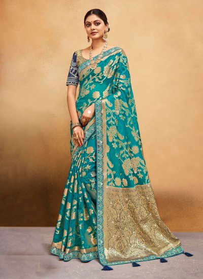 Distinctive Weaving Organza Turquoise Classic Saree