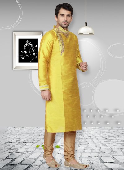Dupion Silk Embroidered Kurta Pyjama in Yellow