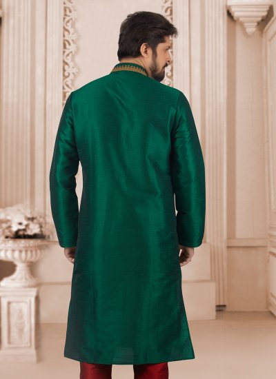 Dupion Silk Green Embroidered Kurta Pyjama