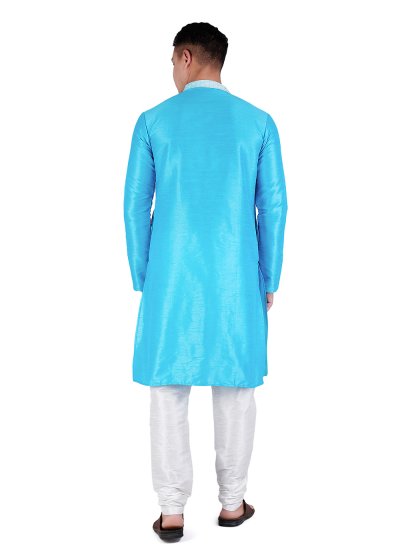 Dupion Silk Patchwork Aqua Blue Kurta Pyjama
