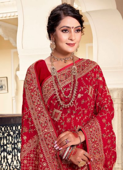 Embroidered Georgette Contemporary Saree in Red